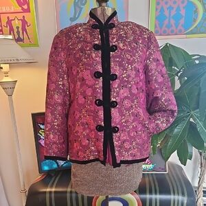 Vintage Asian Silk Velvet Goose Down Filled Winter Jacket Pink Fuchsia Gold Sz S